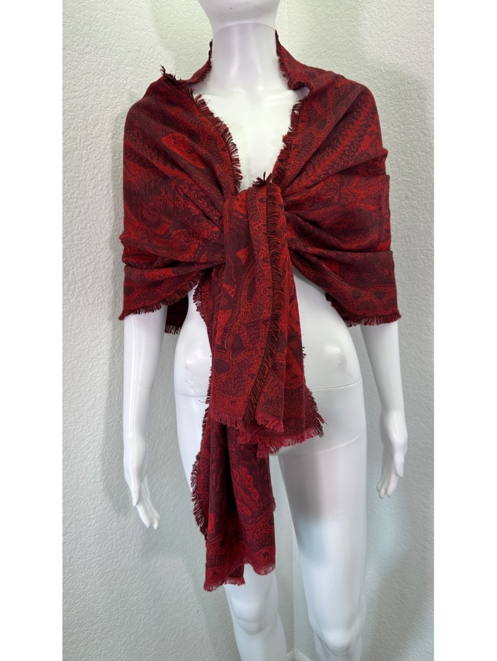 Red Paisley Rayon Blend Scarf Cover Up Wrap Shawl Raw Edge Fringe 82x22“